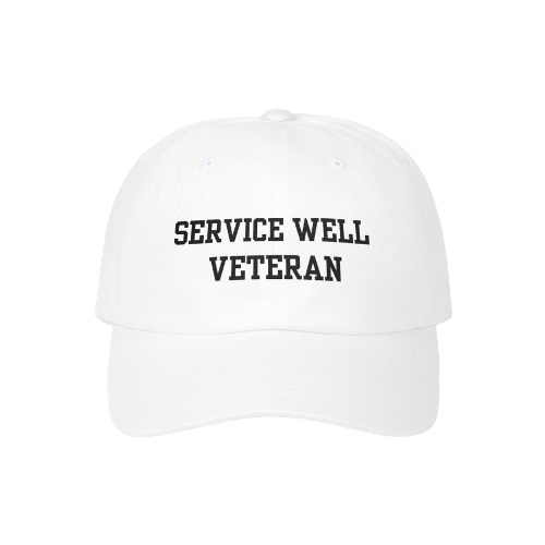 Service Well Veteran cap, white with black embroidered text, background removed